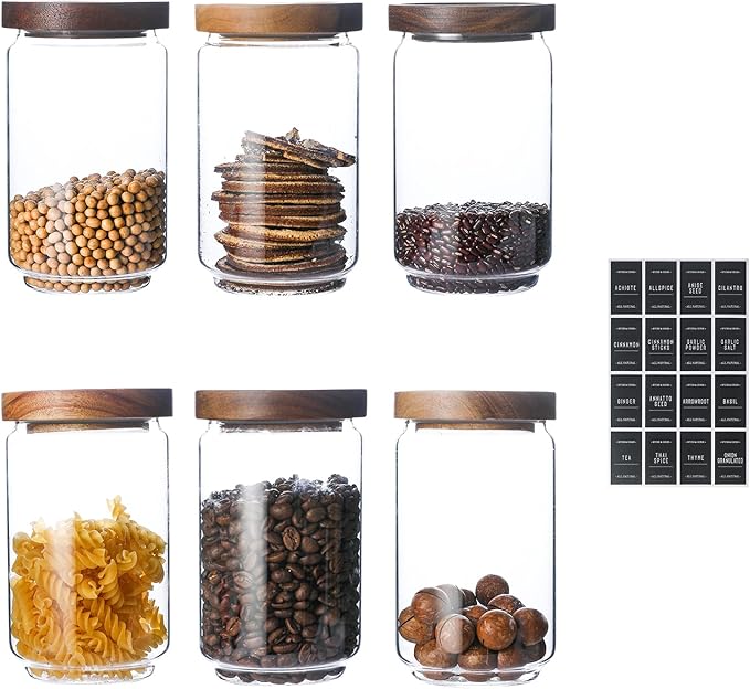 25 OZ Glass Jars 6 Pack with 112 Labels | Kitchen Food Storage Containers with Acacia Wood Lids