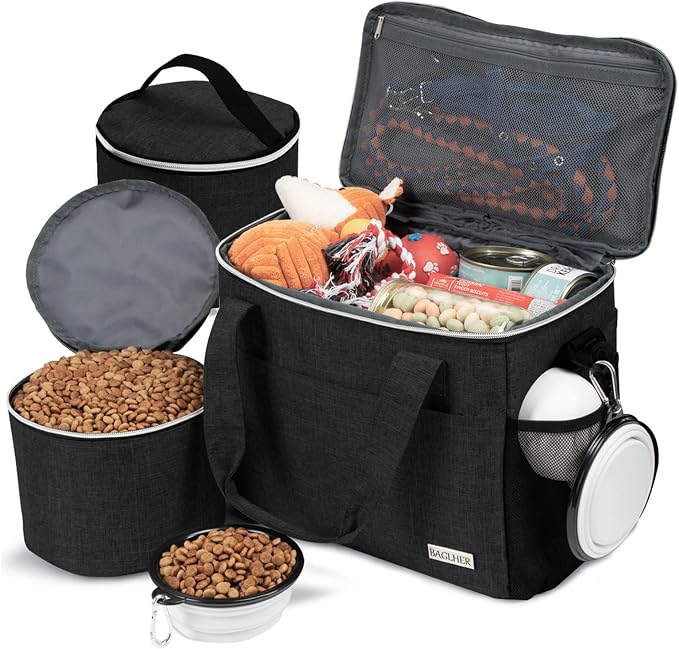 BAGLHER Dog Travel Bag Backpack Pet Supplies Backpack Pet Accessories Storage Bag 5-Piece Set With Shoulder Strap 2 Lined Pet Food Containers 2 Foldable Feeding Bowls Essential Kit for Pet travel