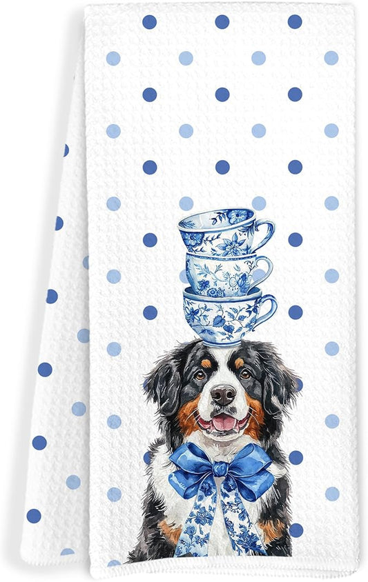 Blue and White Chinoiserie Bernese Mountain Dog Kitchen Towels, Bernese Mountain Dog Gifts Dish Tea Towels, Coquette Bow Cute Dogs Polka Dot Decorative Hand Towel for Bathroom, 16x24 Inch