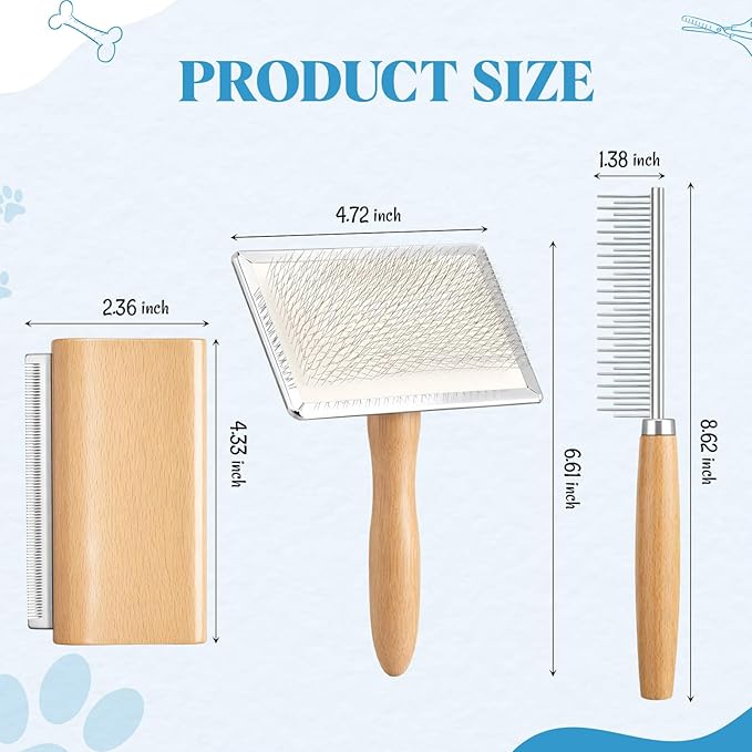 Dog Slicker Brush Set for Shedding Wooden Handle, Pet Deshedding Comb, Long and Short Bristle Comb, Grooming Pin Brush for Dogs Cats, Removes Loose Hair, Mats & Tangles, Grooming Tools Set