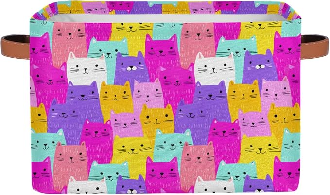 Pardick Storage Baskets Bin, Colorful Animals Cat Cute Collapsible Canvas Fabric Storage Bin Decorative Baskets Toy Organizer Rectangle Storage Boxes with handles for Home Shelves Nursery,Q-9