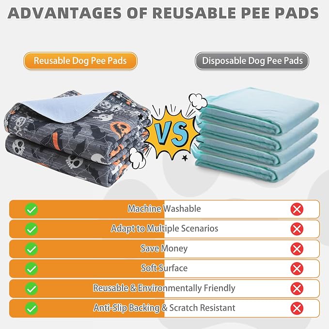 KOOLTAIL Washable Pee Pads for Dogs, 2 Pack Halloween Pet Mats, Super Absorbent Reusable Puppy Training Pads Waterproof,Nonslip Leak-Proof Dog Pee Pad,Large Whelping Pads for Floor,Crate,Couch,36"*41"