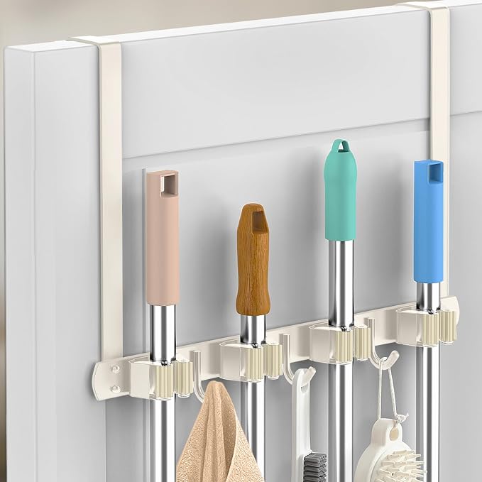 Broom Holder Over The Door with Hooks -304 Stainless Steel (light beige) | Save Space, Anti-Rust & Sturdy, Mop and Broom Holder Wall Mounted or Hanging Over The Door, for Garage Laundry Kitchen