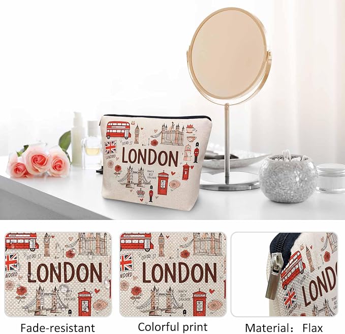 Women Makeup Organizer Bag London, Heart Shape I Love London Quote Flax Cosmetic Bag Makeup Bags Toiletry Bag Accessories Organizer Travel Bags For Home Bathroom Office Hotel Gym