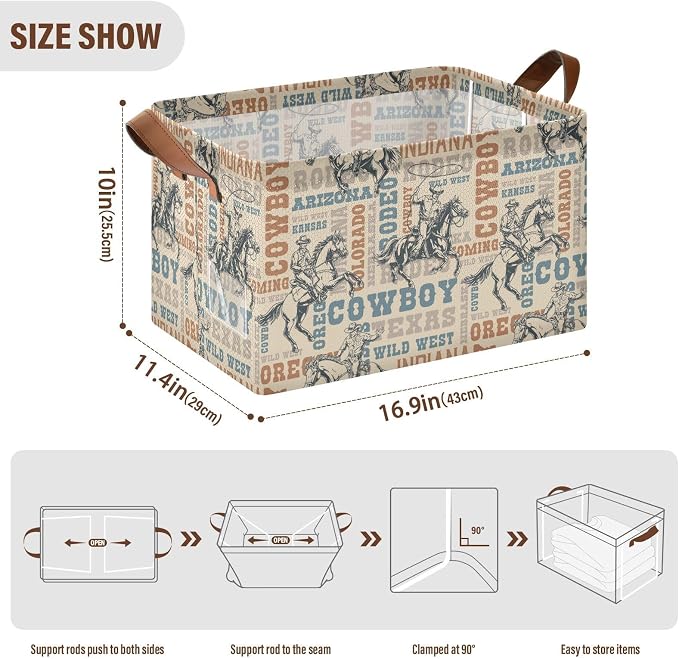 Western Cowboy Horses Retro Vintage 70s 80s Storage Bins for Shelves with Labels&Handles Fabric Organizer Bin Foldable Rectangle Storage Basket Boxes for Closet, Bathroom, Home, Living Room