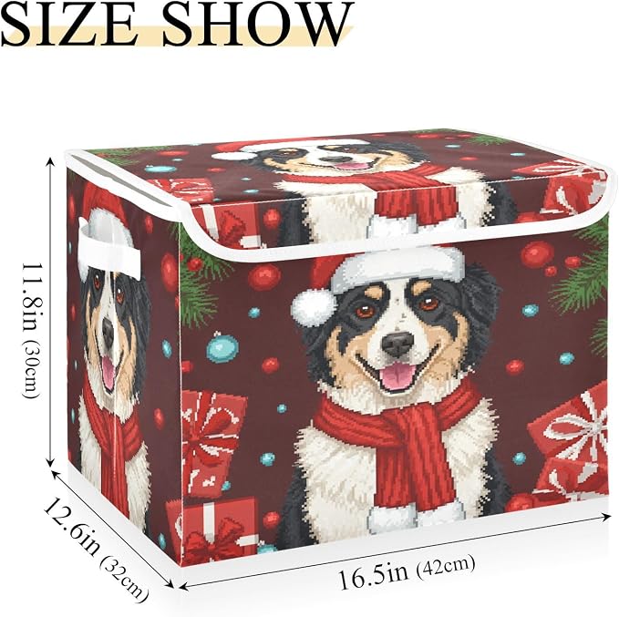 Winter Christmas Pet Storage Bins with Lids Closet Bedroom 40L Fabric Bin | Decorative Storage Boxes, Foldable & Stackable, Dust-Proof Flip Top, Reinforced Handles, For Home & Dorm, Clothes & Toy Box