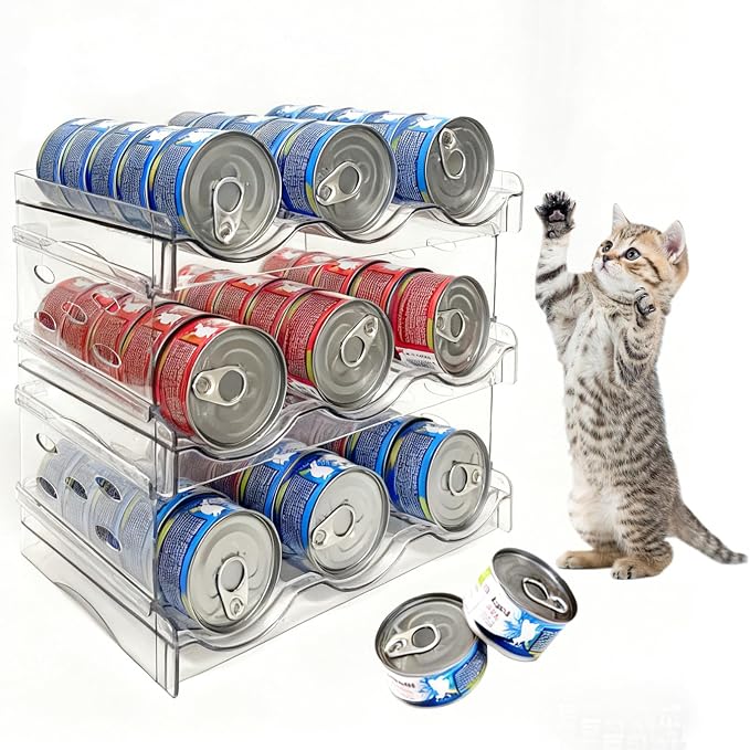 Cat Food Can Organizer 3-Tier Hold 54 Cans 3.5oz Transparent Cat Can Rack | Wet cat food storage rack suitable for kitchen cabinets and storage cabinet countertops,Suitable for multi size cans