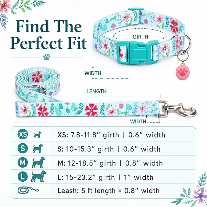 Floral Matching Dog Collar and Leash Set with AirTag Holder-Verdure Daisy/M | Anti-Lost,Adjustable Durable Pet Collar Leash Combo for Medium Boy Girl Dogs,for Outdoor Walking Hiking Training Running