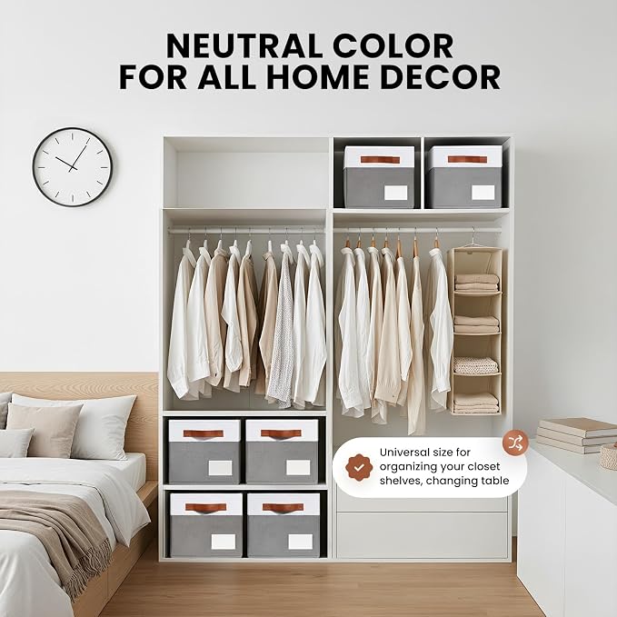 Large Closet Storage Baskets for organizing 4 Pack, Non-Dust-Absorbing Closet Shelf Organizer Bins with Handles & Labels - Decorative Collapsible Baskets for Living Room Bedroom Nursery Dorm