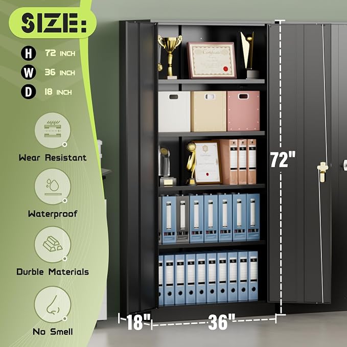 Crownland 72" Metal Storage Cabinet, Lockable Garage Storage Cabinets, High Office Cabinet with Adjustable Shelves for Home Office, Pantry,Classroom, Garage, File(Balck)