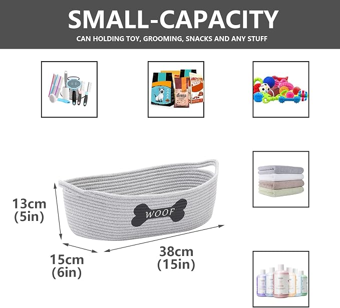 Morezi Dog Toy Baskets Pet Toy Basket Storage in Small Shallow Bin - Perfect for Collect Puppy Toys, Cat Toy, Grooming Stuff, Diapers, Bed, for Bathroom, Playroom, Closet, Home - Cotton Rope - Grey