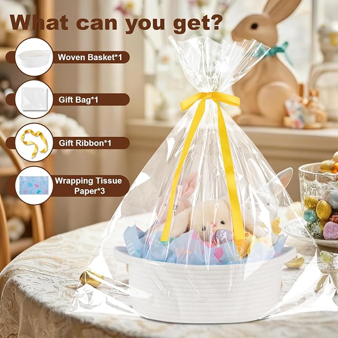 OIAHOMY Gift Basket with Handle, Easter Basket with Gift Bag, Ribbon and Wrap Tissue Paper, Nursery Bins Empty to Fill with Small Items, Baby, Pet Toy Organiser - Easter White