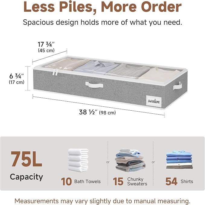 StorageWorks 7 Inch Low Profile Under Bed Storage Containers with Clear Lid | Reinforced Structure, Resists Sagging, Handles & Label Holder, Foldable Stackable Closet Storage for Clothes, Blankets, Toys