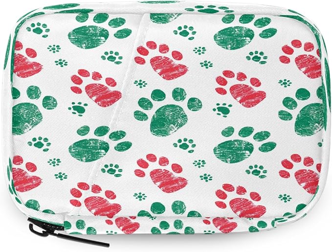 Weekly Pill Organizer Travel Size Bag with Removable 7 Day Pill Box Portable Vitamin Case Purse with Zipper,Christmas Pet Paws White
