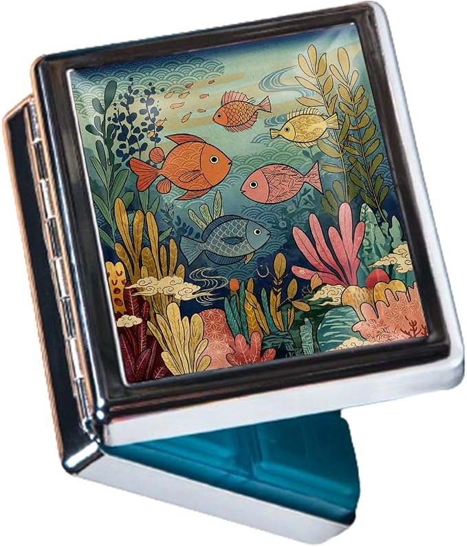 Weekly Pill Organizer, Metal Pill Box with 8 Compartments, Small Travel Pill Case for Purse Pocket, Medicine Vitamin Supplement Organizer (Ocean Fish)
