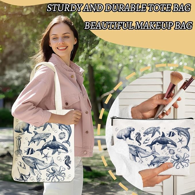Retro Ocean Animals Turtle Whale Shark Gifts Cosmetic Bags for Women Girls Bestie Lovers Canvas Tote Bag Makeup Bag, Reusable Grocery Bags with Inner Pocket for Gym Beach Birthday Christmas Thank You