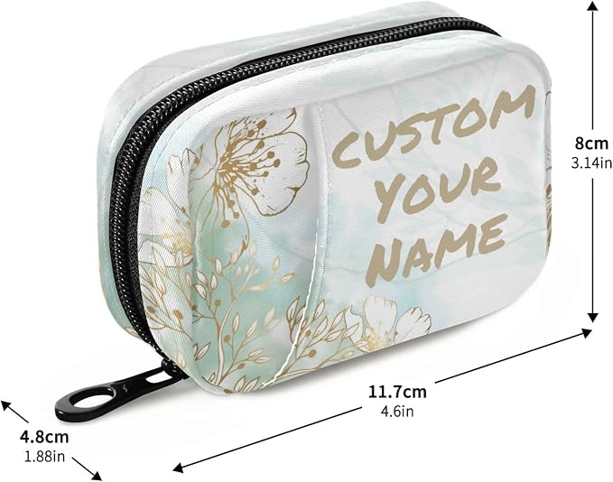 Custom Pill Box 7 Day Pill Case Bag Golden Flowers Personalized Name Travel Pill Organizer Bag with Zipper Portable Weekly Case Compact Size for Vitamin Supplement Holder