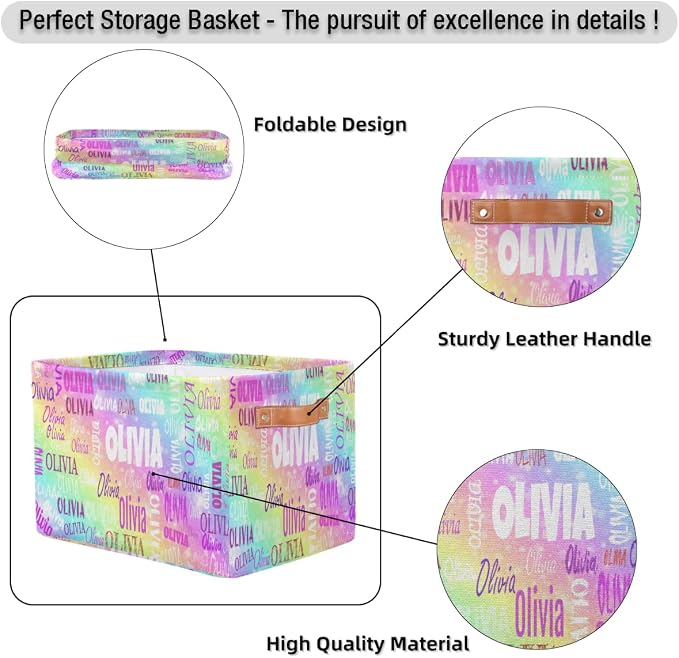 Personalized Kids Storage Basket with Name, Colorful Rainbow Color | Organizing Boys Girls Pets Toys Closet Shelf Clothes Books