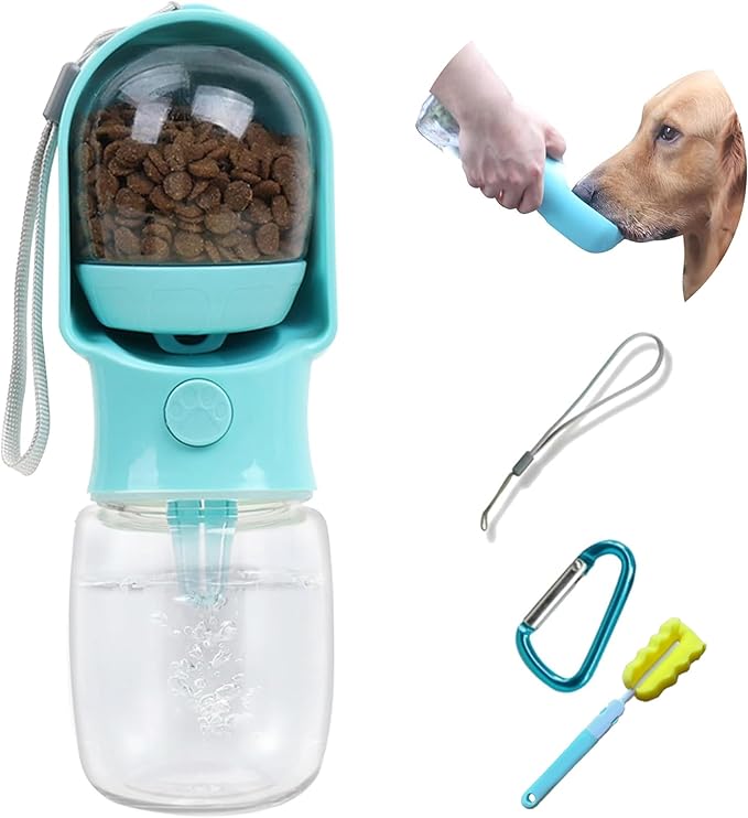 Dog Water Bottle with Food Container, Leak Proof Portable Pet Dispenser with Lock and Cleaning Brush,Dogs Stuff Water Bottle for Walking Hiking,Travel (Blue)