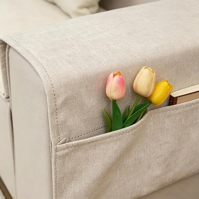 Sofa Armrest Cover with Pockets Set of 2 Solid Color Furniture Protector Slip Chenille Non Slip Recliner Organizer Remote Holder Caddy Accessories for Living Room Bedroom Kitchen 24*43.3 Inch Beige