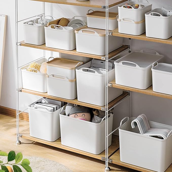 ANMINY White Plastic Storage Bins Baskets with Lids, 12-Pack, 2XL+4L+2M+4S | Large Plastic Bins, Sturdy PET, with Handles, Stackable, Opaque Storage Boxes, for Closet Shelves Desk, Wheat Lids