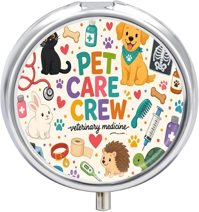 Cute Pet Care Essentials Poster Round Pill Box with 3 Compartments, Portable Travel Pill Organizer with Spring Snap Closure for Vitamins Supplements Fish Oil