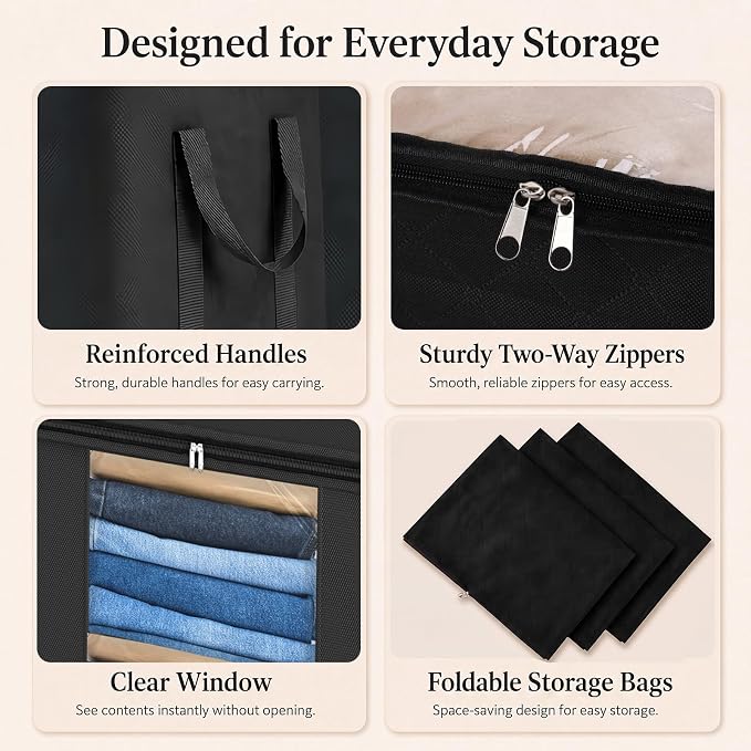 Blanket Storage Bags 120L for Comforter Clothes Bedding 2 Pack Black | Breathable 100 gsm Fabric, Clear PVC Window, Heavy-Duty Metal Zipper, 2 Reinforced Handles, Foldable for Closet Storage