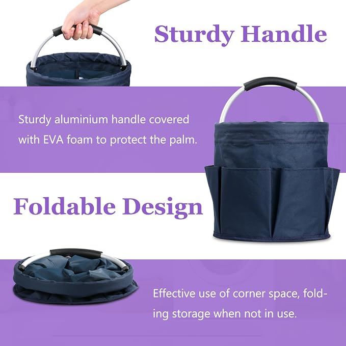 17L Cleaning Caddy for Cleaning Supplies, 2Pieces Portable Garden Tool Bag with 6 Pockets, Foldable Tool Bucket Organizer, Storage Basket for Bathroom, Garden, Dark Gray + Navy Blue