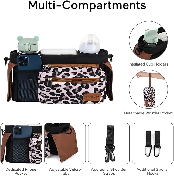 Momcozy Universal Stroller Organizer with Insulated Cup Holder | Detachable Phone Bag and Shoulder Strap, Fits for Uppababy, Baby Jogger, Britax, BOB, Umbrella, and Pet Strollers