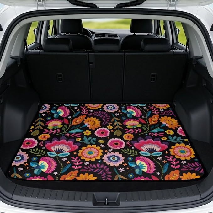 Colorful Floral Print Non Slip Car Trunk Mat, Universal All Weather Cargo Liner 29" x 39", Durable Washable Pet Friendly Rear Trunk Protection Mats