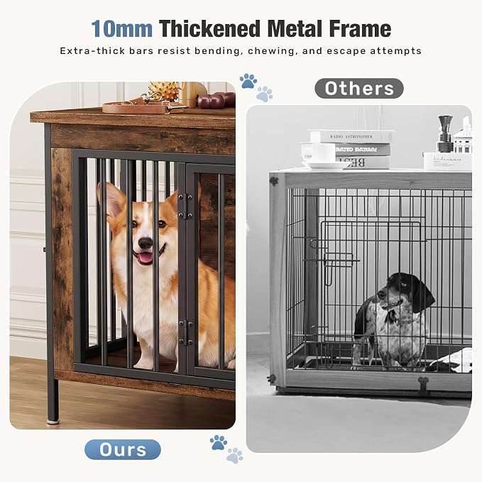 DUMOS 54" Dog Crate Furniture for 2 Dogs with Divider, Rustic Brown | Wooden Dog Kennel Furniture, Small Breed Center Divider and Double Doors, Heavy Duty Indoor Dog Cage, TV Stand, Side Table