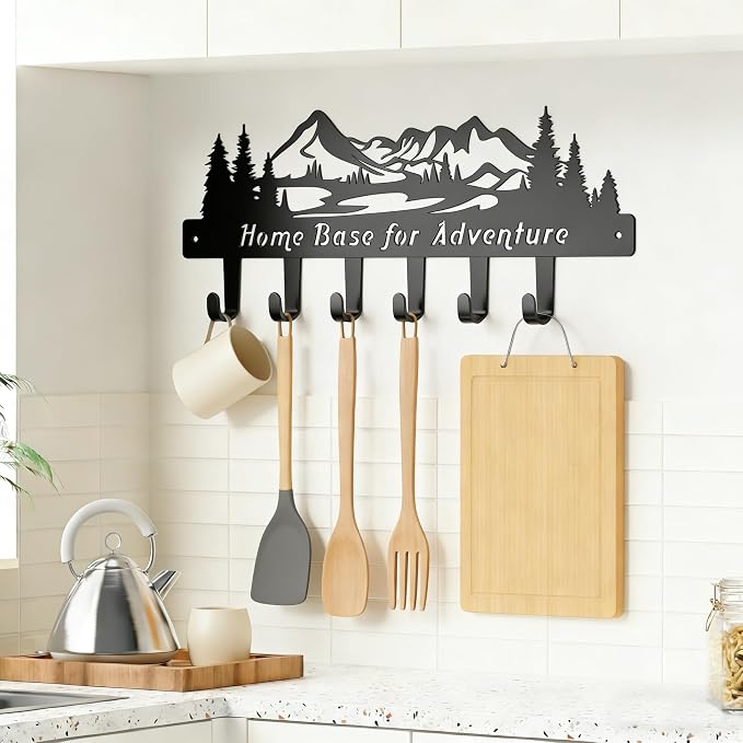 Metal Key Holder for Wall, Wider Spacing Key Hooks Hanger Rack Wall Mounted with Screws and Anchors, Mountain Wall Decor for Entryway Front Door Kitchen Hallway Garage Mudroom Office 13.5inches/34cm