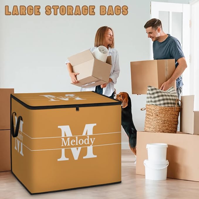 Custom Name Large Storage Bin with Lid, Personalized Storage Basket with Zippers for Organizing Comforters, Blankets, Bedding Closet Shelf Baskets, Orange with Initial Letter
