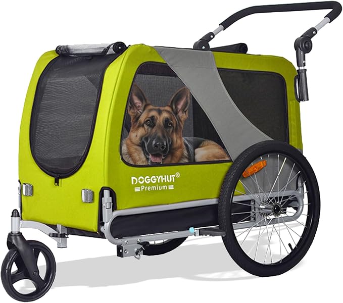 DOGGYHUT® Premium XL Pet Bike Trailer & Stroller Up to 100 lbs (Lime Green) | Bicycle Trailer for Small Medium or Large Dogs, Dog Bicycle Carrier, Low Center of Gravity, Folding Frame Cart