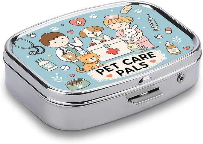 Friendly Pet Care Pals Poster Two Compartment Pill Box Medicine Organizer, Portable Pill Case with Secure Snap Closure for Vitamins Medication Supplements Daily Use