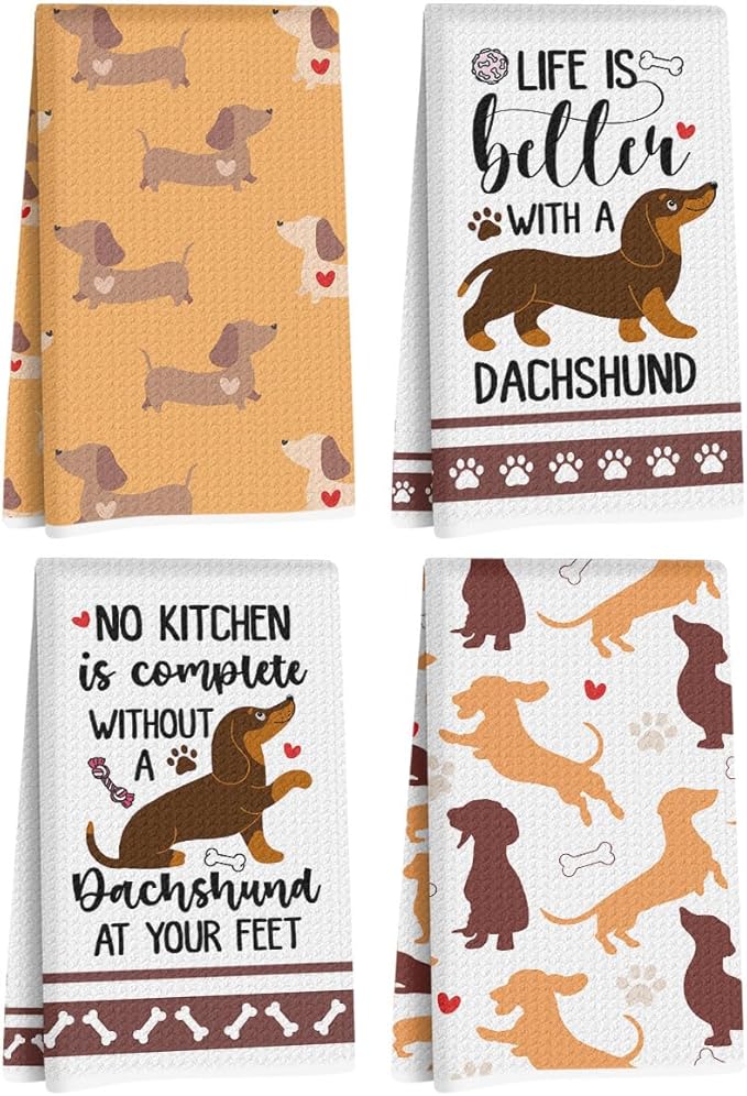 4 Pcs Funny Dachshund Kitchen Towels 24x14 Inch, Dachshund Gifts Reusable Dish Towels for Kitchen Bathroom Decor, Waffle Weave Hand Cloth Tea Towel, Cute Weiner Dog Gifts for Women Mom Friend