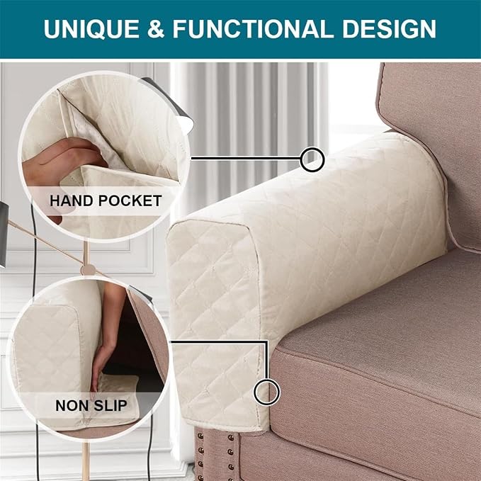 2 Pcs Waterproof Couch Arm Covers Dirty-Resistant Anti-Scratch Arm Rest Covers for Sofa with Side Pocket Anti-Slip Arm Chair Covers, Armrest Organizer(White)