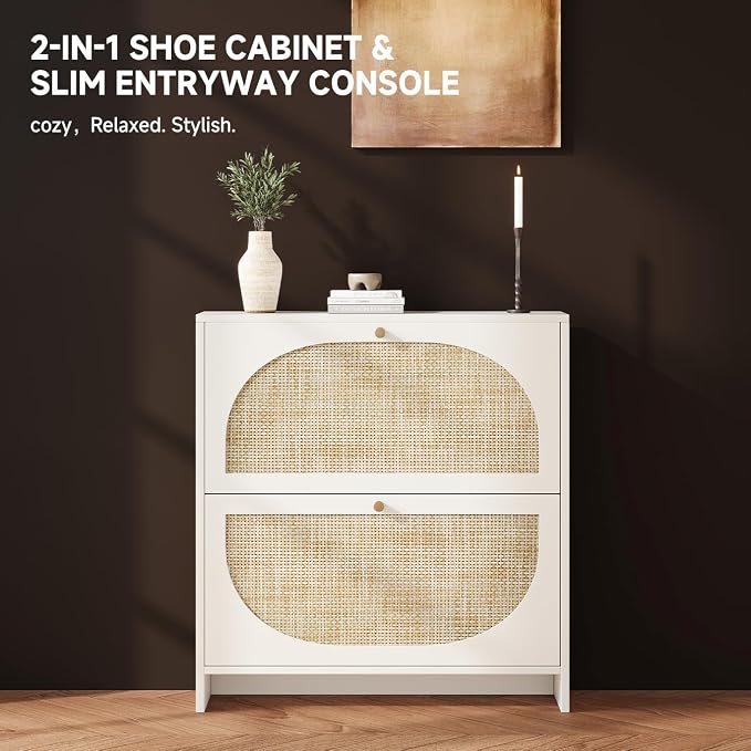 Shoe Cabinet Storage for Entryway Slim 9.5" Freestanding Floor Base Shoe Storage Cabinet, 2 Flip Drawers with 3-Position Adjustable Divider, Holds 16-24 Pairs, Cream White