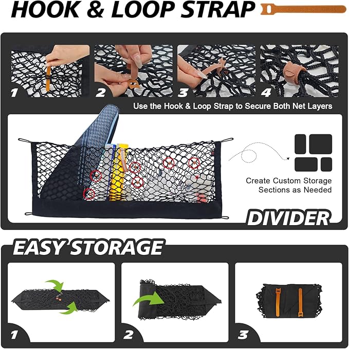 Muslogy Cargo Net for 2025 2026 Subaru Forester SK Accessories | Custom Fit, Trunk Storage Organizer Net for SUV Sedan Van Divider, with Heavy Duty Carabiners, Night Visible Grab Handle