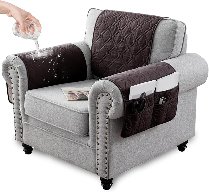 Recliner Armrest Cover with Headrest, Chair Armrest Slipcover with Side Pockets, Water-Resistant, Non Slip Furniture Protector for Pets (Chocolate,2 Seater 4PCS)