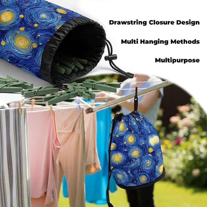 Moon Star Clothespin Bag with Drawstring Closure, Laundry Peg Organizer Pouch with Multi-Hanging Loop, Portable Storage for Clips, Perfect for Drying Rack, Camping, Home