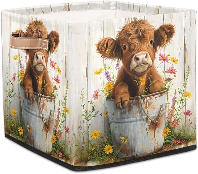 Farm Cute Cattle Cow Cube Storage Bin, 13 Inch Collapsible Fabric Storage Cubes Bin, Foldable Cube Baskets for Shelf, Closet, Organizer