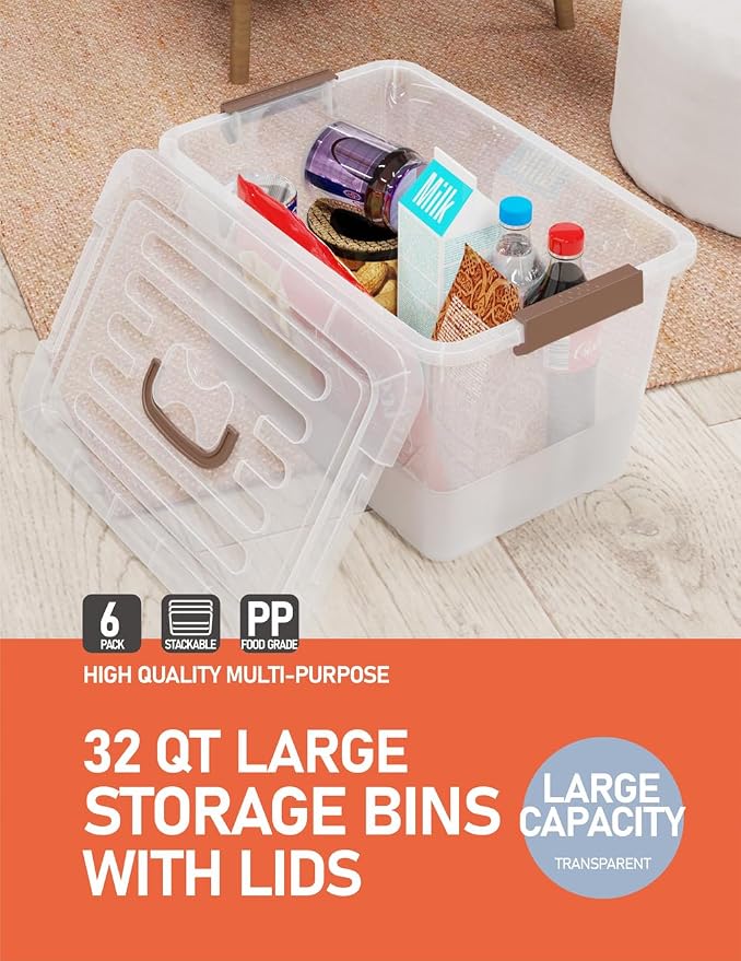WYT 32 Qt Plastic Clear Storage Bin with Durable Lids and Latching Buckle, 6-Pack Tote Organizing Box Stackable and Nestable
