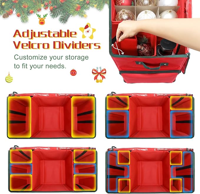 2-in-1 Christmas Ornament Storage Box Keeps 64-3"/36-4" Holiday Ornaments | Xmas Figurine Organizer Container,4 Separate Trays , Adjustable Extent Area for Figurines and Pockets for Holiday Décor