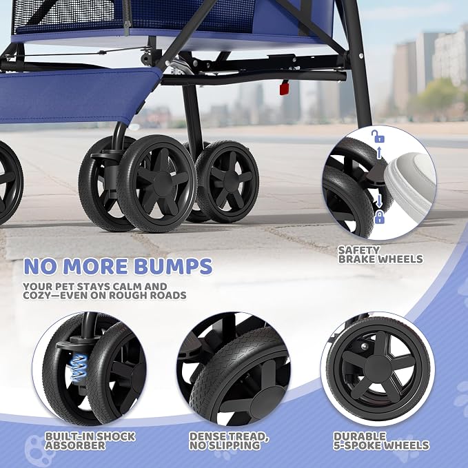 Magshion Compact Fold Pet Travel Stroller for Small Dogs Cats, Navy Blue | Up to 22lbs, 4-Wheel Lightweight Umbrella Shaped Design, Safety Tethers, Breathable Mesh, Cup Holder & Rear Storage
