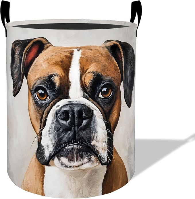 Boxer Dog Laundry Basket Hamper 19.7"x15.8", Organizer Bins Gifts for Kids Boys Girls, Cute Boxer Puppy Foldable Waterproof Oxford Clothes Storage Bucket for Bedroom Bathroom Decor