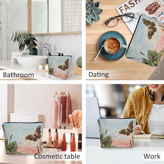 Women Cosmetic Bag Butterfly, Pond Green Leaves Floral Butterflies Cute Makeup Bag For Purse Cosmetic Travel Bag For Toiletries Makeup Storage Bag Flax Skincare Bag Make Up Pouch Bags