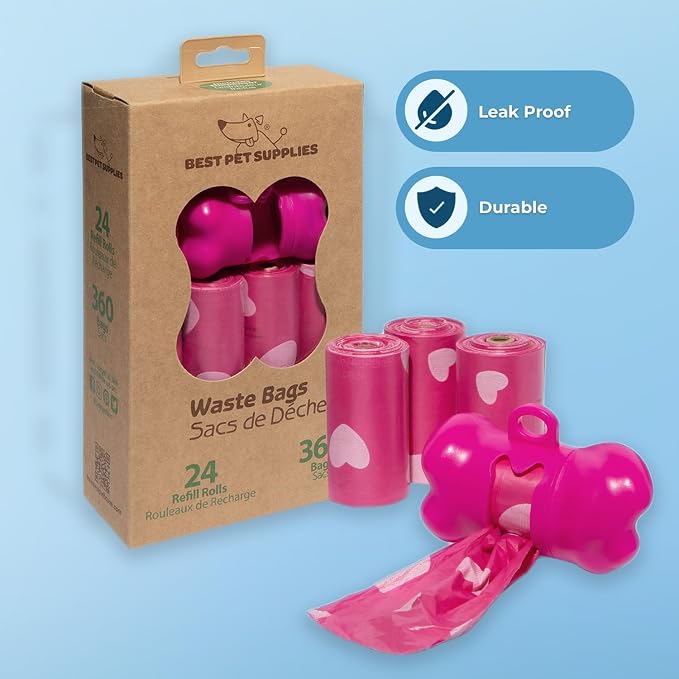 Best Pet Supplies Poop Bags for Dogs - Pink Heart, 360 Count | Scented, Leak-proof, Easy-Tear perforations, 15 Thick Bags per roll, Outdoor Walking & Travel, Fits Standard Holders
