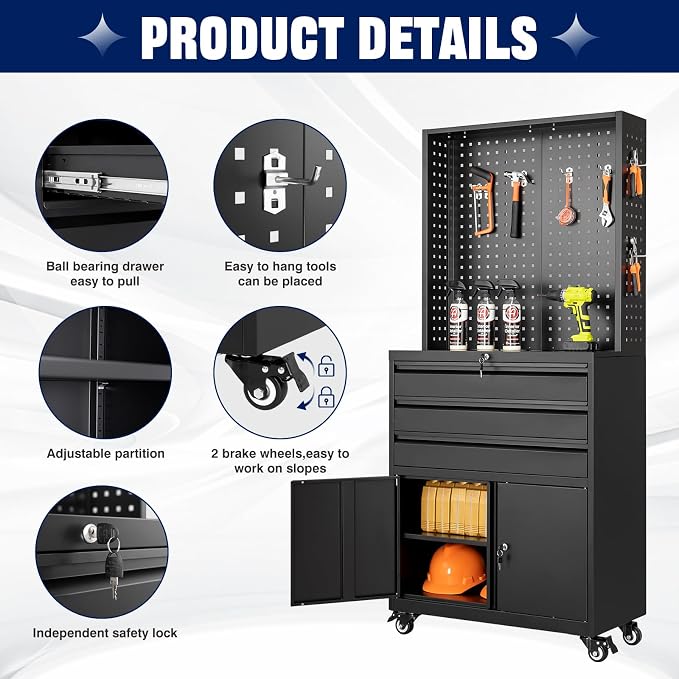 Metal Garage Storage Cabinet with Wheels,3-Drawer Rolling Tool Cabinet with 2 Door and Adjustable Shelves,- 71" Steel Tool Cabinet for Warehouse,Garage,Workshop
