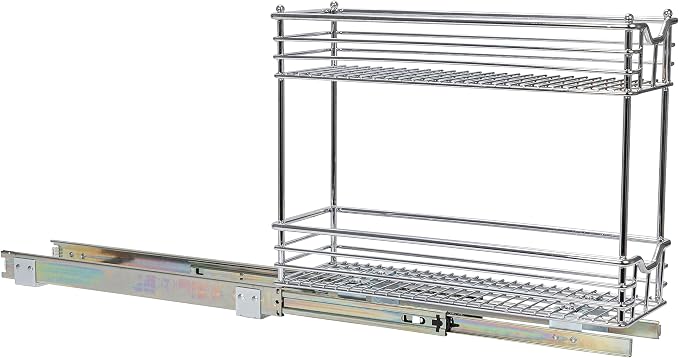 Household Essentials Glidez 2‑Tier Multipurpose Chrome‑Plated Steel Pull‑Out/Slide‑Out Under Cabinet Organizer, Chrome Finish